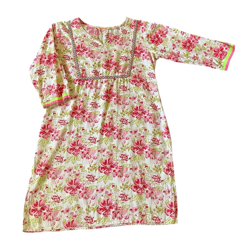 Anouk airy cotton floral long sleeve kurta tunic dress in pink green and white